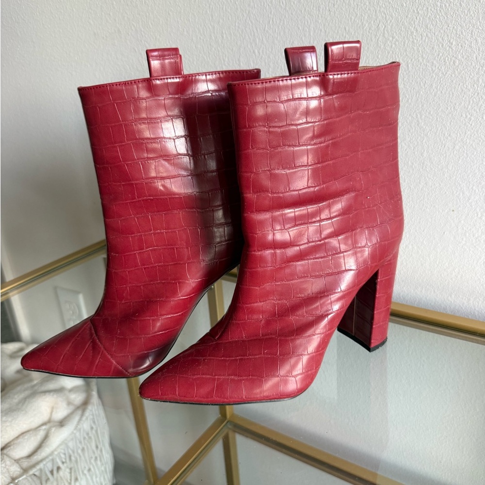 Red Croc-Embossed Ankle Boots